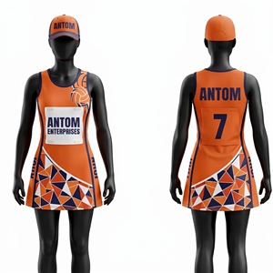 Robe de netball orange personnalisée par sublimation avec imprimé géométrique, sans manches, uniforme d'équipe pour femmes et filles, Australie, Nouvelle-Zélande, États-Unis, vente en gros - Product Image 1