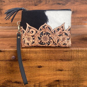 Hand <b>Tooled</b> Cowhide <b>Leather</b> Wristlet Purse Hand Painted Floral Genuine <b>Leather</b> Tassel Zipper Pouch Women's Luxury Cowhide Clutch - Product Image 2