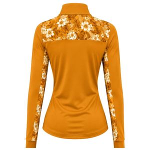 Pull de sport pour femme jaune doré à col zippé, avec empiècement floral sur la manche, à manches longues, pour l'entraînement en extérieur - Product Image 2