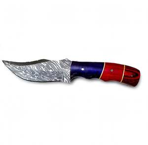 Couteau utilitaire robuste d'extérieur à double tonalité bleu-rouge personnalisé avec manche en bois et lame en acier Damas fixe - Product Image 6