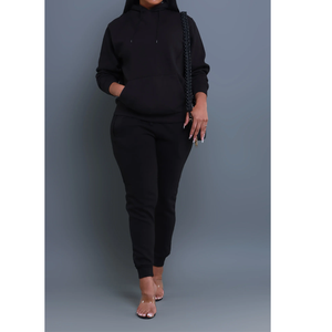 Conjunto de 2 Piezas para Mujer, Sudadera con Capucha y Pantalones Deportivos, Color Negro Sólido, Corte Holgado Informal, Tejido de Algodón, Traje Deportivo Largo para Uso Diario - Product Image 4