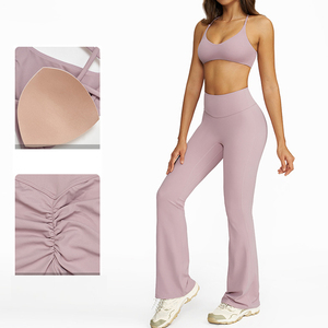 Ensemble de yoga sans couture pour femme, violet uni, avec soutien-gorge de sport dos nu, leggings taille haute et haut court à manches longues, tenue de sport - Product Image 3