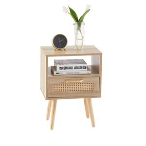 Tavolino Moderno in Rattan da 40 cm con Cassetto e Gambe in Legno Massello, Comodino e Tavolino Laterale Naturale per Camera da Letto o Soggiorno - Product Image 5