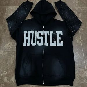 Custom Y2K <b>Rhinestone</b> Zip Up Hoodie Women Streetwear Black Oversized HUSTLE Graphic Hoodie Vintage Washed Casual Hooded <b>Jacket</b> - Product Image 1