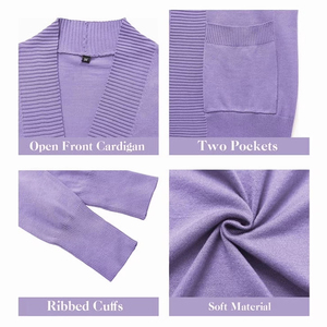 เสื้อคาร์ดิแกนถักคอวีสีม่วง แขนยาว มีกระเป๋า สไตล์ลำลอง สีพื้น เปิดด้านหน้า ทรงยาวเต็มตัว แบบถักลายริบ - Product Image 5