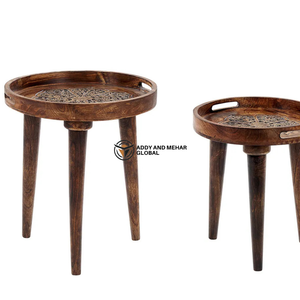 <b>Round</b> Wooden Tray Top Nesting Tables Set of 2 with Handles – Rustic Serving Style Side Tables for Living Room & Bedroom - Product Image 2