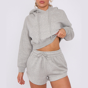 Ensemble haut court à capuche et short en polaire gris pour femme, tenue décontractée à deux pièces, coupe ample, couleur unie, pour le printemps et l'été - Product Image 5