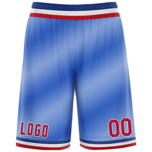 Shorts de basketball personnalisés pour hommes, sublimation dégradée bleu, rouge, blanc, logo 00, respirant, maille sportive, taille élastique - Product Image 1