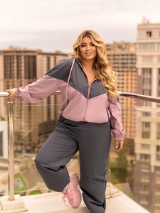Ensemble de survêtement grande taille pour femme, couleur unie, blocs de couleur, manches longues, demi-zip, coupe ample, vêtements de sport décontractés, poches latérales, tenue d'été - Product Image 2