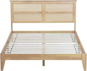 Cadre de lit Queen 8 pouces en bois de caoutchouc massif, plateforme facile à assembler, style bohème, tête de lit en rotin, pas besoin de sommier tapissier, lits en bois - Product Image 2