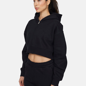 Sudadera con Capucha Corta Negra para Mujer, con Cierre de Cremallera, Forro Polar, Color Sólido, Ropa Casual de Otoño - Product Image 3