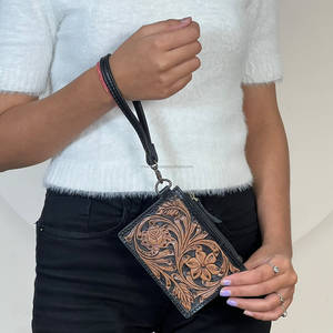 2026 New Hot Selling Genuine Leather Tooled Floral Carving Western Zipper Coin Purse & Card Holder for <b>Women</b> Wristlet <b>Wallet</b> - Product Image 3