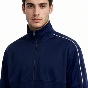 Chaqueta Deportiva Azul Marino para Hombre, Personalizada con Cierre, Ropa Deportiva con Ribete Blanco, Cuello Alto, Chaqueta Ligera de Entrenamiento OEM - Product Image 6