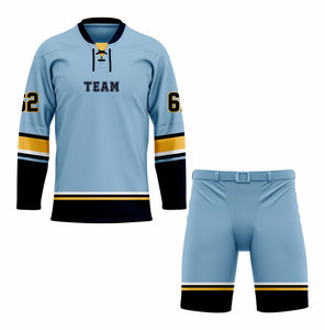 Team Ice Hockey Uniform Set <b>Light</b> Blue Black Yellow Sublimated Full Sleeve Breathable Men's Apparel Regular Fit - Product Image 1