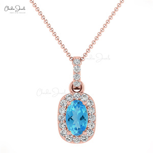 Handmade 14k <b>Solid</b> <b>Gold</b> Genuine 7x5mm Prong Set Swiss Blue Topaz & 1.5mm Pave Diamond Halo <b>Pendant</b> From Wholesale Distributors - Product Image 3