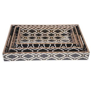 Plateau rond en os bleu vif avec incrustations, orné de motifs floraux blancs et d'un bord feuillu, disponible à prix de gros. - Product Image 2