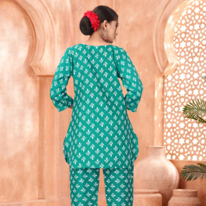 Elegant Mint Blue Print Polly Rayon Women Co ord Set Sustainable Round Neck Two Piece Outfit Casual Loose Fit Ladies Pant Suit - Product Image 1