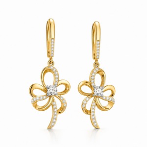 Pendientes de Lujo con Flores de Oro Amarillo y Diamantes Redondos con Corte Brillante en Pavé, Joyería de Boda para Mujer - Product Image 4