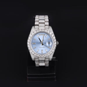 Montre de luxe pour homme en acier inoxydable, automatique, avec cadran bleu ciel, sertie de moissanite et de diamants taille baguette, style Hip Hop Bling - Product Image 1