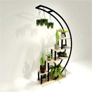 Luxury Crescent Moon Metal <b>Plant</b> Stand Multi Tier Flower <b>Pot</b> Rack Wooden Shelves Indoor Outdoor Hanging Planter Display Holder - Product Image 4
