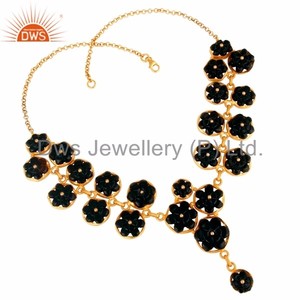 Hand Carved Flower Shape Black Onyx Gemstone Chunky Women Necklace 18k Gold Plated <b>Silver</b> Necklace Fashion <b>Silver</b> Necklace - Product Image 3