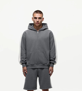 Hoodie boxy à double fermeture éclair personnalisé en mélange de coton épais 450 g/m² – Hoodie court en molleton bouclette pour homme avec fermeture éclair - Product Image 1
