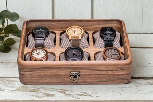 Vintage Walnut Wood Watch <b>Box</b> & Jewelry <b>Storage</b> Organizer with 4-Slot Watch Holder-Gift for Dad Valentine - Product Image 1