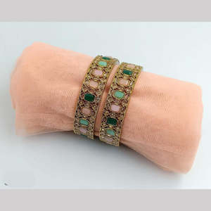 Green and Pink Crystal <b>Bangles</b> <b>Set</b> <b>Gold</b> Plated Fine Jewelry Stylish Stone <b>Bangles</b> for Women for Ethnic Wear and Party Wear - Product Image 1