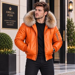 Luxury <b>Men</b>’s Leather Bomber biker <b>Jacket</b> Fox Fur Hood | Herren Luxus Lederjacke | Chaqueta de Lujo Hombre | Giacca Lusso Uomo - Product Image 3