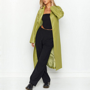 Chaqueta de cuero personalizada para mujer, abrigo largo de doble botonadura, cuero genuino, tejido de alta calidad, en venta - Product Image 4