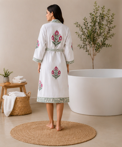 Peignoir midi élégant 100% Coton, imprimé floral au bloc, respirant, brodé, tricoté, décontracté, pour le printemps et l'été, vêtement d'intérieur, taille naturelle - Product Image 3