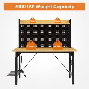 Banco da Lavoro Robusto con Pannello Forato Regolabile 48 Pollici, Capacità di Carico 726 kg, Piano in Legno con Ruote, per Falegnameria - Product Image 6