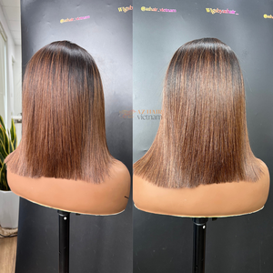 Perruques sans colle tendance en cheveux naturels, coupe bob à pointes brunes, avec dentelle suisse 4x4 5x5, à raie libre, en cheveux Remy - Product Image 4