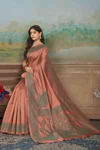 Sari tradicional de seda estampado en verde y melocotón con borde bordado para mujer, ropa de boda, India, Pakistán - Product Image 4