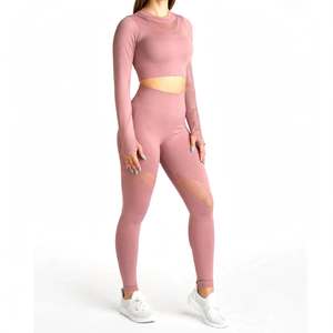Women's <b>Pink</b> Two-Piece Yoga Set Stand Neck Asymmetric Custom OEM Design High Elastic Waist Closure Seamless Breathable - Product Image 1