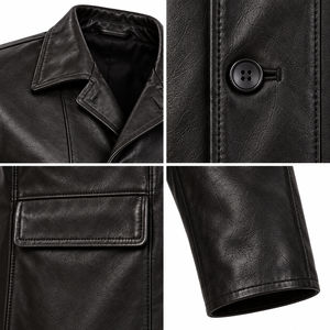 <b>Men's</b> Genuine Leather Jacket Turn Down Collar Single Breasted <b>Coat</b> Solid <b>Black</b> Casual <b>Long</b> Sleeve Outerwear - Product Image 6