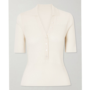 Pull en tricot côtelé pour femme, manches courtes, col rabattu, boutons sur le devant, couleur unie, 100% coton, minimaliste, toutes saisons, coupe classique - Product Image 1