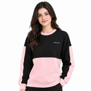 Women's Color <b>Block</b> Sweatshirt O-Neck Oversized Pink Black Long Sleeve Knitted Breathable Autumn Wear - Product Image 1