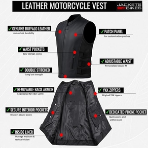 Custom <b>Men's</b> Genuine Cowhide <b>Leather</b> Motorcycle Biker Vest Stand Collar Side Adjustable Straps Premium Riding <b>Waistcoat</b> - Product Image 5
