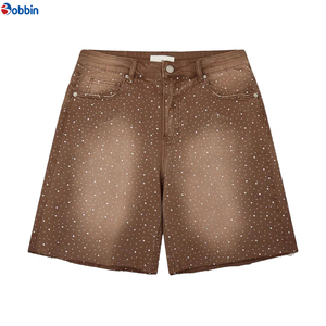 Custom Breathable Knitted Straight Mid Waist Summer Hip Hop Rhinestone Denim Shorts <b>Men</b> Stylish Premium Eco-Friendly Streetwear - Product Image 1