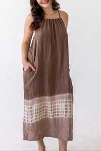 Women Brown Tie Dye Cotton Midi Dress Sleeveless Loose Fit Boho Summer Casual Dress with Pockets - Product Image 6