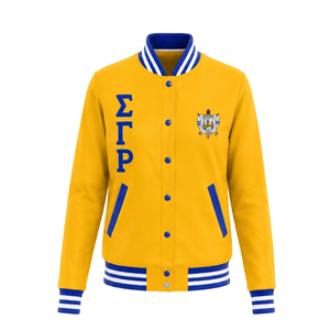 เสื้อแจ็คเก็ตบอมเบอร์ผ้าซาติน Sigma Gamma Rho สำหรับผู้หญิง น้ำหนักเบา ซิปหน้า แขนจั๊มพ์  ชุดเครื่องแบบชมรมกรีก รับผลิตตามสั่ง ขายส่ง - Product Image 1