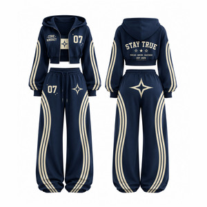 Conjunto Deportivo de 2 Piezas para Mujer con Logotipo Personalizado, Sudadera Corta y Pantalones Anchos con Ribete en Contraste - Product Image 3