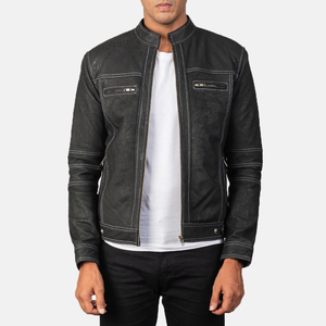 Men's Black PU Leather Moto <b>Jacket</b> Stand Collar Zipper Closure <b>Slim</b> <b>Fit</b> Washed Finish Biker Style Autumn Wear - Product Image 1