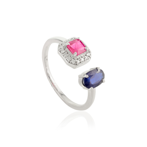 Bague en or blanc 14 carats Toi et Moi avec halo de diamants rubis et saphir - Product Image 5