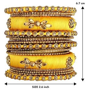 Bracelets ethniques en fil de soie plaqué or, imitation faite à la main, sertis de Kundan bleu, pour femmes et jeunes filles, mode mariage Haldi, certifiés par une tierce partie - Product Image 3