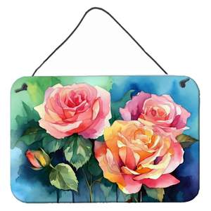 New York Roses Watercolor Wall Decor Aluminum <b>Metal</b> Door Hanging Prints Multicolor Kitchen Bathroom <b>Plaque</b> for Home Decor 8HX12W - Product Image 1
