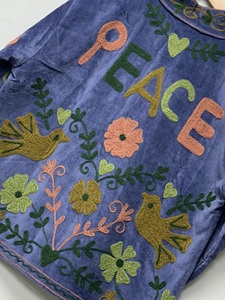 Velvet Hand Embroidered Floral <b>Vintage</b> <b>Bomber</b> <b>Jacket</b> O-Neck Collar Full Sleeve Winter Women's Quick Dry Thick Cotton Indian 500g - Product Image 5