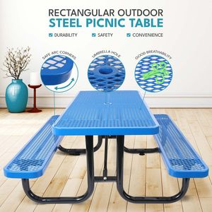 Mesa de Picnic Rectangular de Acero para Exteriores de 6 Pies con Poste para Sombrilla, Muebles de Patio, Color Azul - Product Image 2
