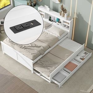 Letto matrimoniale bianco con piattaforma, testiera contenitore, porta USB, letto estraibile singolo e 3 cassetti, letto imbottito - Product Image 1